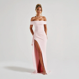 Maxikleid für Damen mit schulterfreiem Ausschnitt und Seitenschlitz – Rosa