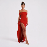 Maxikleid für Damen mit schulterfreiem Ausschnitt und Seitenschlitz – Rot