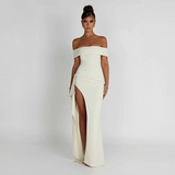 Maxikleid für Damen mit schulterfreiem Ausschnitt und Seitenschlitz – Weiß
