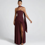 Maxikleid für Damen im Korsettstil mit Schaldetail und hohem Schlitz – Braun