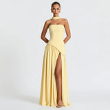 Maxikleid für Damen im Korsettstil mit Schaldetail und hohem Schlitz – Zitronengelb
