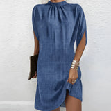 Partykleid für Damen mit Fledermausärmeln und plissiertem Ausschnitt – Blau