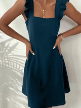 Kurzes, ausgestelltes Damenkleid mit Rüschenärmeln – Marineblau