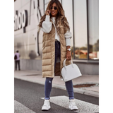Roswitha | Damen Lange Steppweste ohne Ärmel mit Kapuze und Reißverschluss – Beige