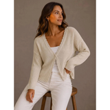 Saphira | Damen Strickjacke mit V Ausschnitt und Einem Knopf – Beige