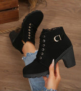 Schnürstiefel Damen mit Schnalle – Schwarz