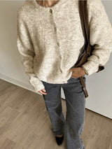 Damen Rundhals-Cardigan mit langen Ärmeln und Knöpfen – Beige