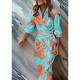 Selina | Damen Langarm Maxikleid mit Streifen und V Ausschnitt – Türkis