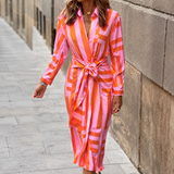 Selina | Damen Langarm Maxikleid mit Streifen und V Ausschnitt – Orange/Rosa