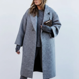 Selma | Damen Lange Winterjacke für Große Größen mit Wollmantel und Kragen – Grau