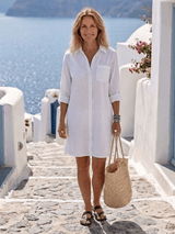 Serena | Damen Hemdkleid Stehkragen – Elegantes Blusenkleid Midi für Büro & Alltag 2026 – Weiß