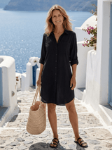 Serena | Damen Hemdkleid Stehkragen – Elegantes Blusenkleid Midi für Büro & Alltag 2026 – Schwarz