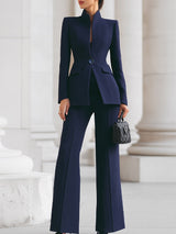 Damen Blazer & Weite Hosen Set mit Taschen – Marineblau
