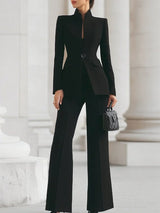 Damen Blazer & Weite Hosen Set mit Taschen – Schwarz