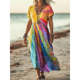 Sienna | Damen Boho Maxikleid mit V Ausschnitt und Patchwork Muster – Mehrfarbig