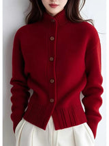 Sigolde | Damen Strickjacke mit Knopfleiste und Stehkragen – Rot
