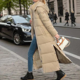 Sigunda | Damen Langer Steppmantel mit Kapuze – Khaki