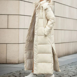 Sigunda | Damen Langer Steppmantel mit Kapuze – Beige