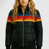 Sigvild | Damen Steppjacke Retro Streifen Winterjacke – Schwarz