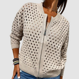 Sigwara | Damen Strickjacke Lochstrick Reißverschluss – Beige