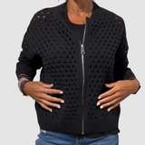 Sigwara | Damen Strickjacke Lochstrick Reißverschluss – Schwarz