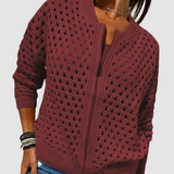 Sigwara | Damen Strickjacke Lochstrick Reißverschluss – Burgunder