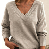 Silke | Damen Strickpullover mit V Ausschnitt, Oversized Schnitt und Strick Optik – Beige