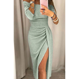 Silvana | Damen Cocktailkleid mit Langarm, Falten und Pailletten – Silbergrün
