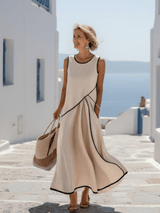 Soleia | Damen Drapiertes Maxikleid Rundhals – Fließendes Kleid Hochzeit & Abend 2026 – Beige
