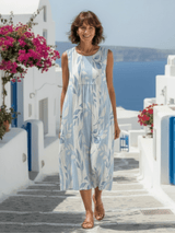 Solène | Damen Ärmelloses Midikleid Blattmuster – Botanisches Sommerkleid Alltag 2026 – Gestreift