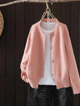 Solvara | Damen Strickjacke mit Knöpfen Grau – Rosa
