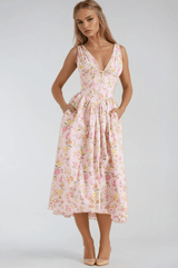 Soraya | Damen Elegantes Sommer Kleid – Fließendes Kleid Cut-outs Urlaub & Party 2026 – Rosa geblümt