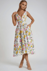 Soraya | Damen Elegantes Sommer Kleid – Fließendes Kleid Cut-outs Urlaub & Party 2026 – Gelb geblümt