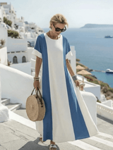 Sandra | Damen Farbblock Maxikleid – Elegantes Colorblock Sommerkleid Kurzarm 2026 – Blau