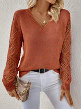 Sorcha | Damen Strickpullover V-Ausschnitt Häkelärmel – Karamell