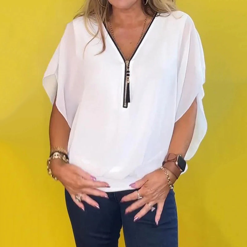 Shauna - Chiffon-Top Im Casual-Stil Mit Reißverschluss Am Ausschnitt