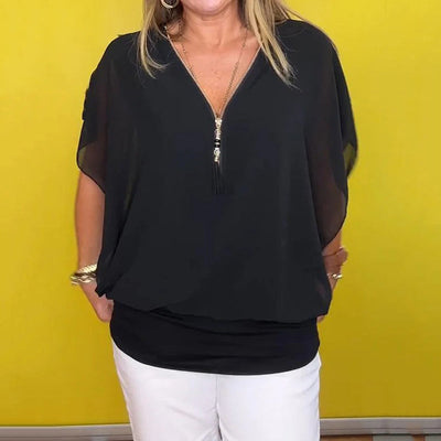 Shauna - Chiffon-Top Im Casual-Stil Mit Reißverschluss Am Ausschnitt