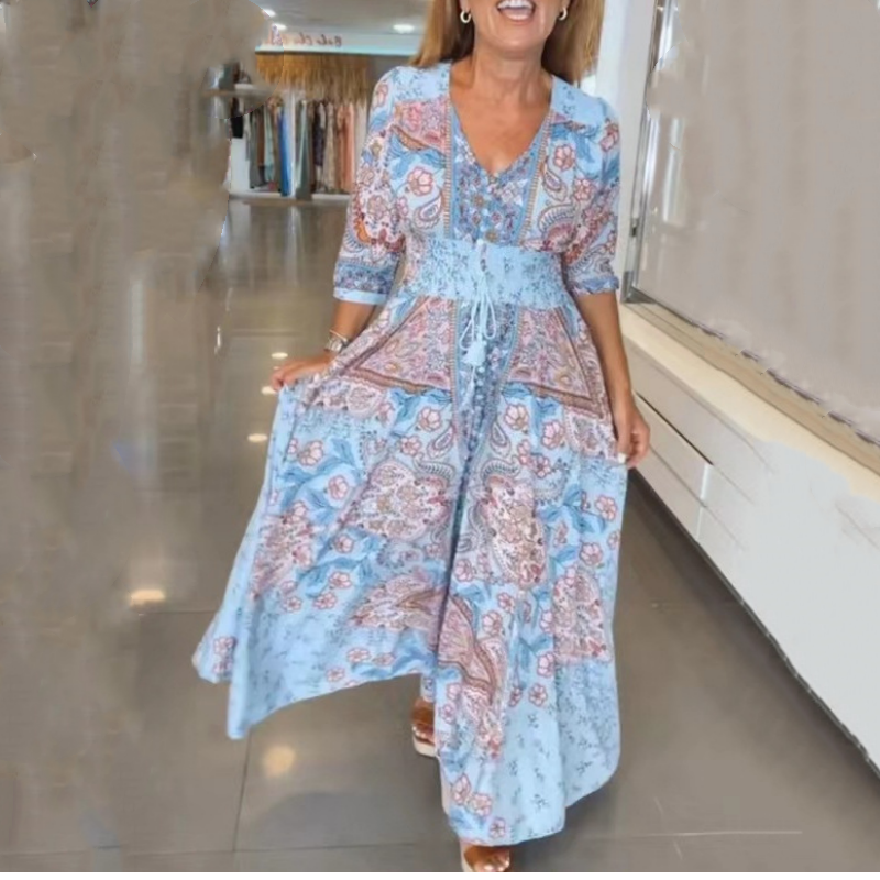 Aliye – Elegant Blumig Kordelzug Langes Kleid