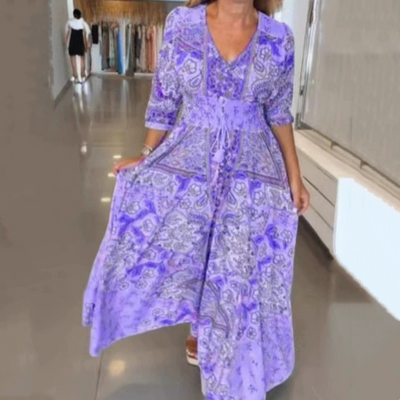 Aliye – Elegant Blumig Kordelzug Langes Kleid