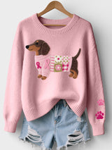 Nora | Gemütlicher Damen Pullover mit Dackelprint stilvoll – Babyrosa