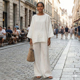 Bellfia | Lässiges Damen-Set mit Langarmshirt und weitem Bein – Weiß