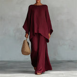 Bellfia | Lässiges Damen-Set mit Langarmshirt und weitem Bein – Weinrot