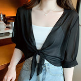 Gloumea | Leichte Kurz-Cardigan aus transparentem Chiffon – Schwarz
