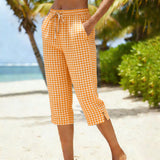 Azahana | Karierte Caprihose aus Baumwoll-Leinen – Orange