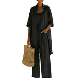 Hirelina | Atmungsaktives Resort-Set mit offenem Cardigan – Schwarz