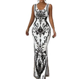 Marcella - Maxikleid mit Porzellan-Print und seitlichem Schlitz – Schwarz