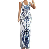 Marcella - Maxikleid mit Porzellan-Print und seitlichem Schlitz – Blau