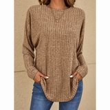 Stefanie | Damen Strickpullover mit Langarm, Ausschnitt und Struktur – Khaki