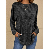 Stefanie | Damen Strickpullover mit Langarm, Ausschnitt und Struktur – Schwarz