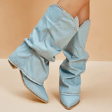 Stiefel Damen Mit Gerafftem Schaft und Blockabsatz – Denim